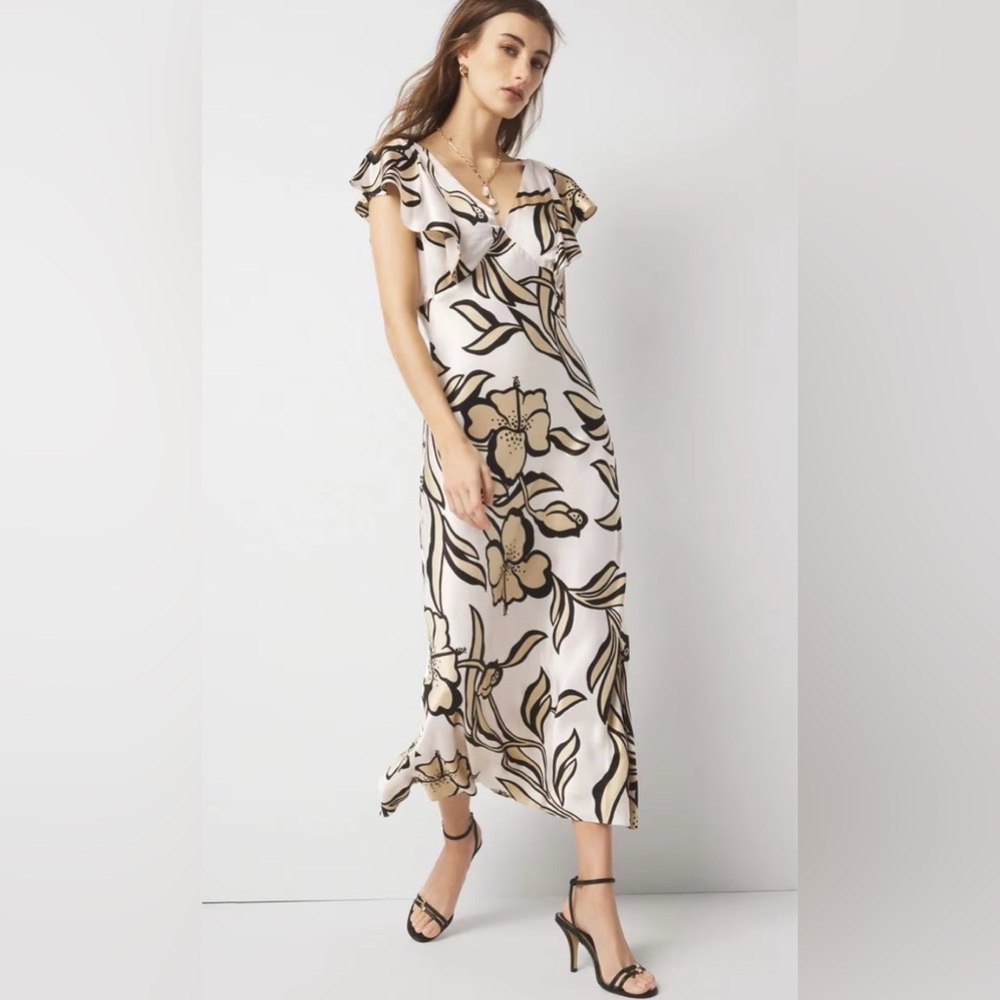 White House Black Market satin Floral Midi Dress - Cream/Beige size 2